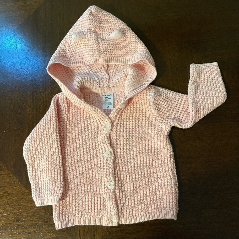 Carter’s | Pink Bear Ears Hooded Knit Cardigan | 12 mo